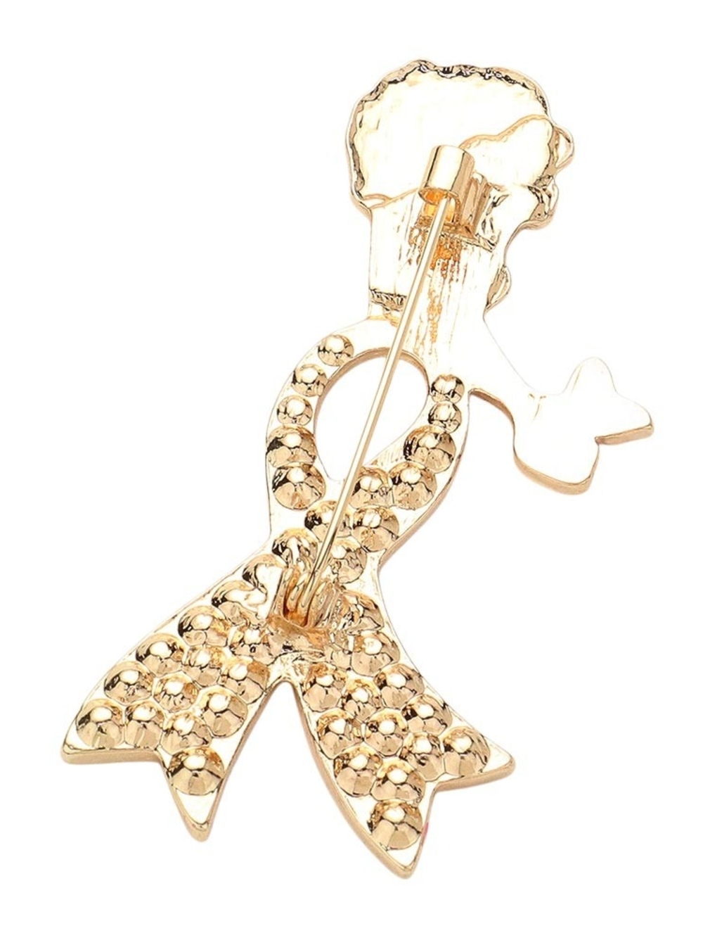 Pink Ribbon Pin Gold Rhinestone Bow Cancer Brooch Fashion Statement Accessory - Picture 2 of 4